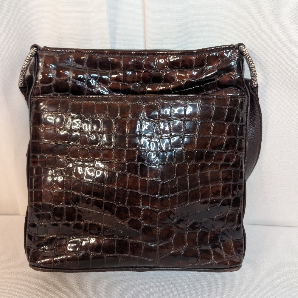 Brighton Sonny Lil Cher Croc-Embossed Patent Leather Bronze Brown Shoulder Bag - Picture 6 of 15